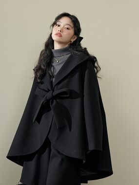 Black Tie-Front Wool Cape Coat